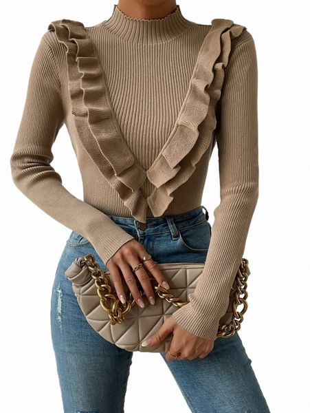 

women's sweaters layered ruffle trim mock neck sweater y931#, White;black