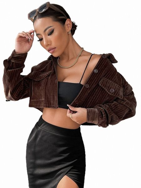 

women's jackets flap pocket drop shoulder corduroy jacket k7wc#, Black;brown