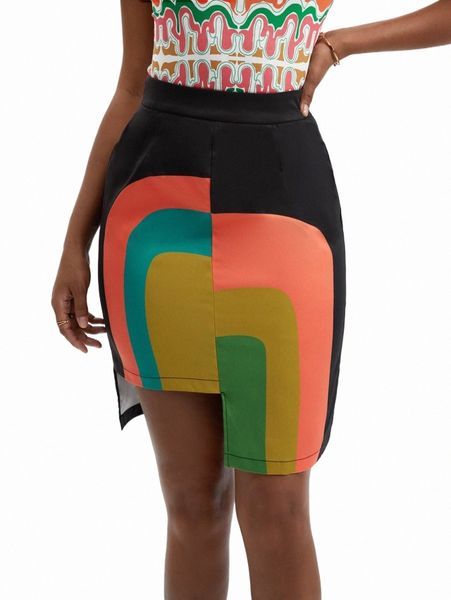 

skirts x manic pop colorblock asymmetrical hem skirt 713i#, Black