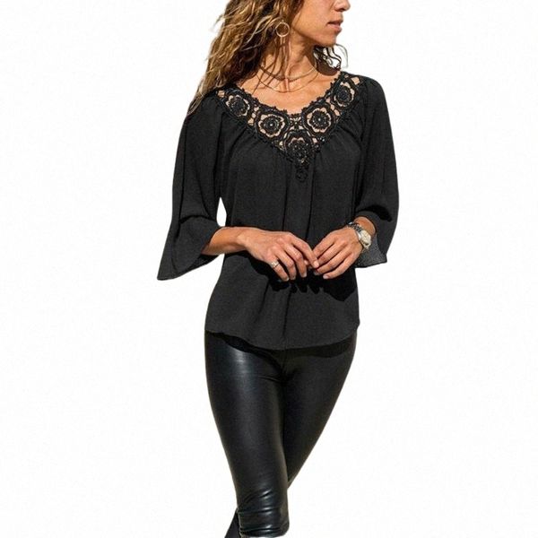 

women's blouses & shirts women's blouses & shirts 40# elegant lace blouse women three quarter sleeve v neck shirt solid casual of, White