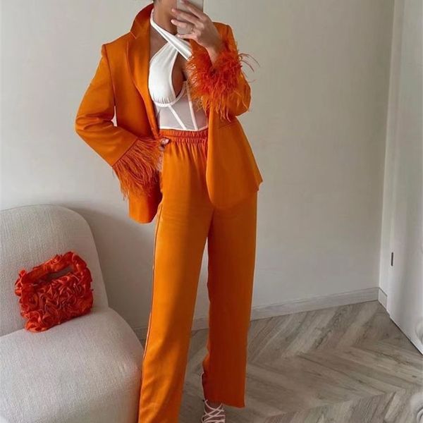 

women's two piece pants woman clothing fashion silksatin blazer singlebreasted vintage orange coat feather sleeves outerwear stylish 98, White