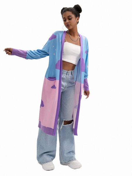 

women's down & parkas x kaylaproductions cloud print colorblock drop shoulder coat 7038#, Black