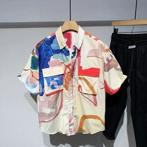 

summer tee men's flap pocket shirts casual patchwork color contrast hip hop harajuku hawaiian beach shirt oversized streetwear, White;black