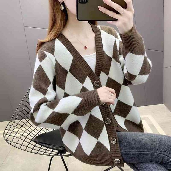 

women's sweaters knitted cardigan women's autumn loose rhombus color blocking v-neck lazy wind sweater coat y10k, White;black