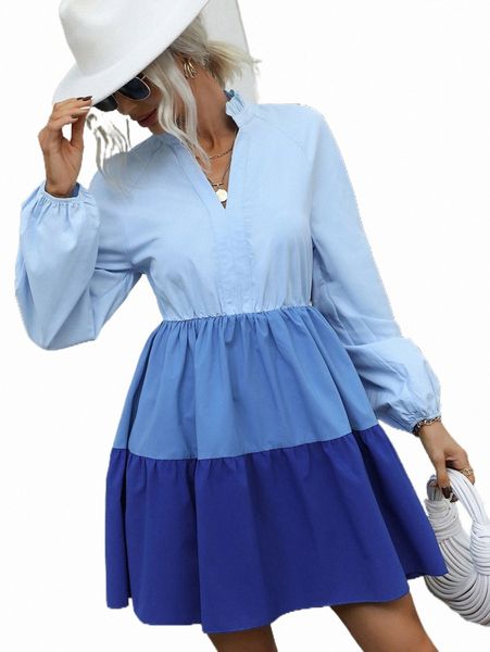 

casual dresses color block lantern sleeve ruffle hem smock dress j6vo#, Black;gray