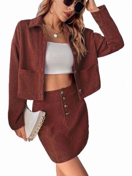 

two piece dress patched pocket drop shoulder corduroy jacket & button fly skirt 79u9#, White