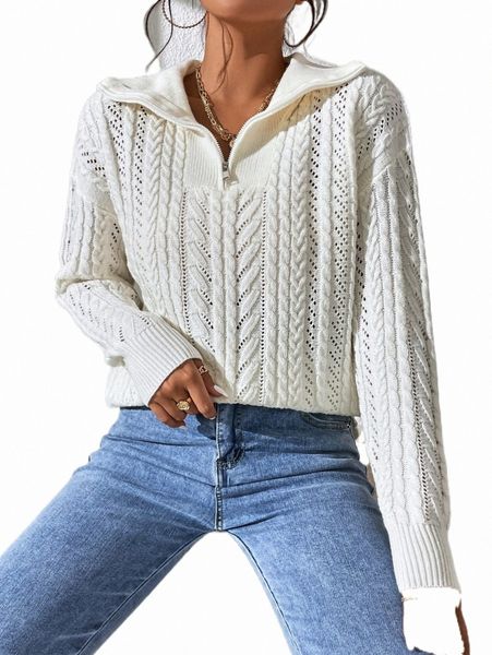 

women's sweaters quarter zip cable knit drop shoulder sweater w12h#, White;black