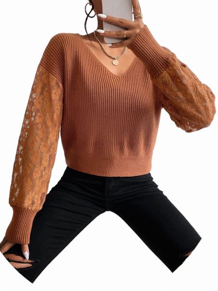 

women's sweaters contrast lace v-neck drop shoulder sweater u7pk#, White;black