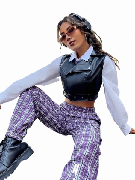 

women's jackets zip up grommet buckle pu crop biker jacket y7q4#, Black;brown