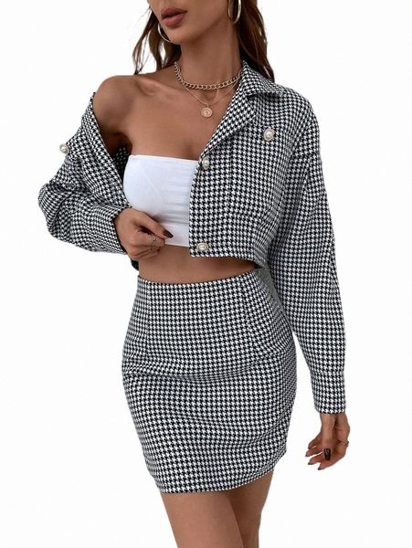 

two piece dress houndstooth print drop shoulder jacket & skirt k6tf#, White