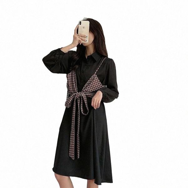 

casual dresses casual dresses over size gothic black dress for women autumn arrival harajuku fake two piece long sleeve slim waist square ne, Black;gray