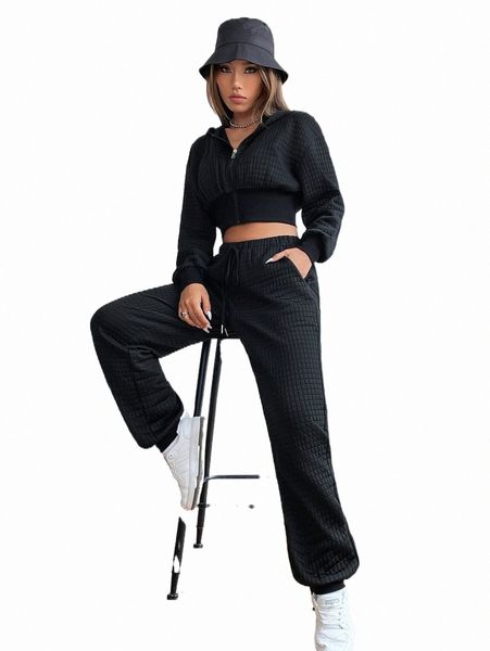 

two piece dress solid zip front crop sweatshirt & sweatpants b3td#, White