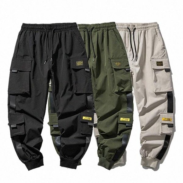

men's pants men's pants s-5xl hip hop joggers cargo man sweatpants streetwear men harem multi-pocket ribbons casual mens trousers, Black