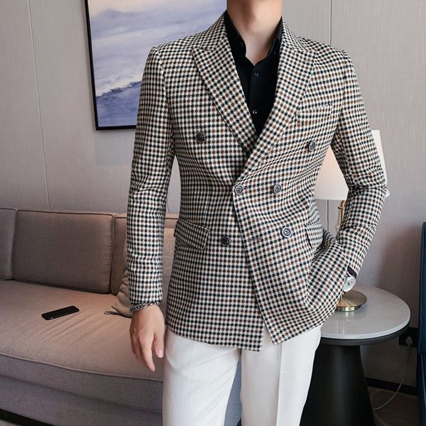 

custom suits blazers fashion brand blazers men smart casual suit lattice pattern korean version plaid male slim fit double-breasted blazers