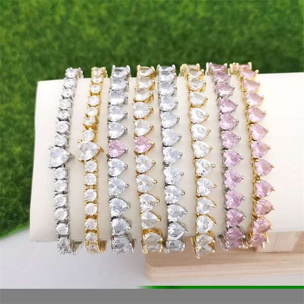 

bangle qmhje crystal stone heart love tennis bracelet for women wedding engagement gold silver color infinity luxury jewelry white cz 220831, Black