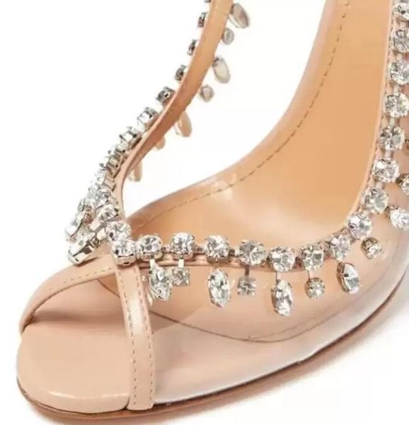 

summer luxury 2022 temptation crystal concerto sandals shoes for women embellished pvc peep toe sling-back high heels bridal wedding 66bf pw, Black