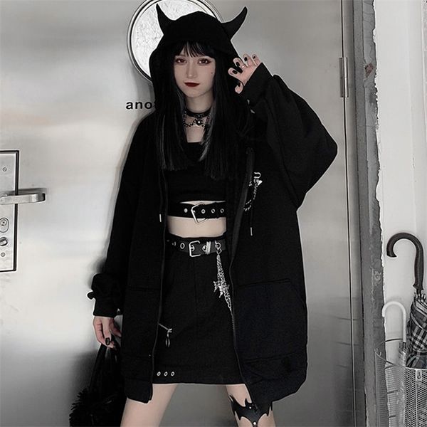 

womens hoodies sweatshirts japanese zip up hoodie zipper women harajuku punk gothic sweatshirt fairy grunge black jacket coat streetwear alt