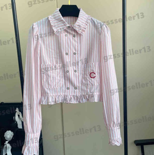 

luxury womens blouses 22ss autumn logo embroidery designer blouse fashion brand tdouble-breasted lapel ruched striped shirt women clothing, White