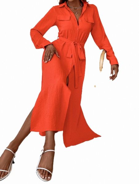 

casual dresses flap pocket split hem belted shirt dress x957#, Black;gray