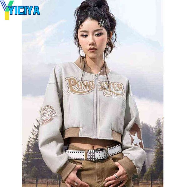 

women's jackets yiciya bomber woman varsity jacket zipper pu leather jacket y2k motorcycle winter jackets 2022 woman university basebal, Black;brown