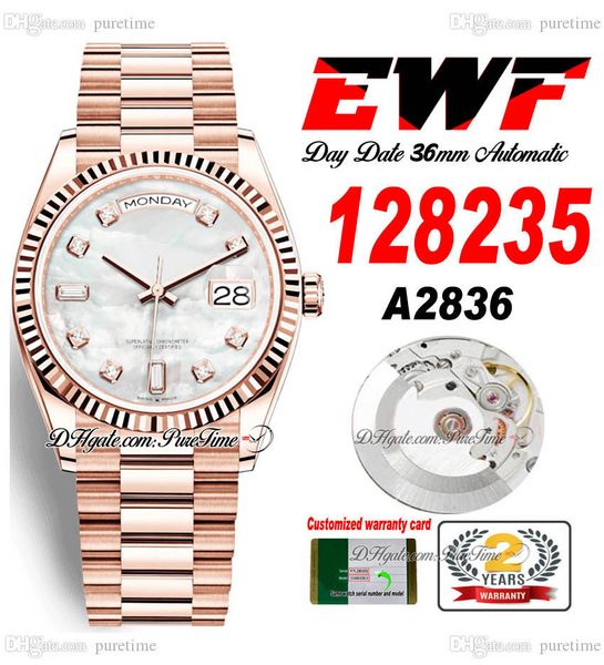 

ewf day date 128235 a2836 automatic watch mens ladies 36mm 18k rose gold mop diamonds dial presidential bracelet same serial card super edit, Slivery;brown