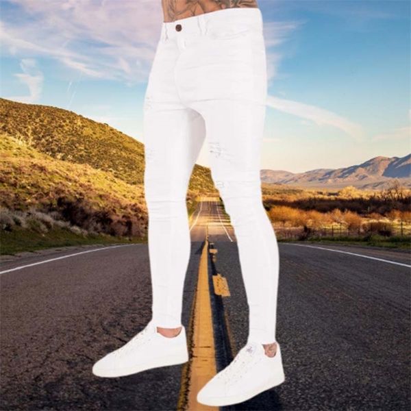 

mens jeans fashion casual white ripped jeans for men jeans pants slim skinny stretch denim pants man elastic waist jogging denim trousers 22, Blue
