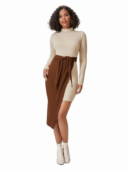 

casual dresses x kesha alein mock neck foldover asymmetrical hem wrap dress m0t4#, Black;gray