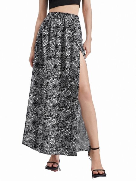 

skirts x swinging 60's floral print split thigh skirt m3a4#, Black