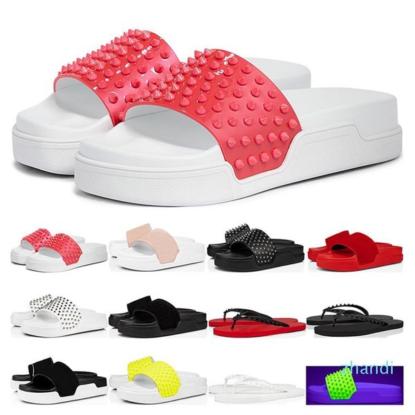 

with box designer christians shoe fashion luxurys designer ss slippers pool fun mens flat flip donna studded spikes black white pink suede