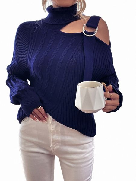 

women's sweaters turtleneck cut out buckle detail cable knit sweater w7fa#, White;black