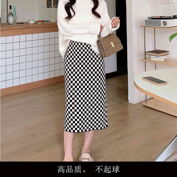 

skirts chessboard knitted skirt for women autumn and winter buttock wrapped straight tube high waist split wool one-step mz2q, Black
