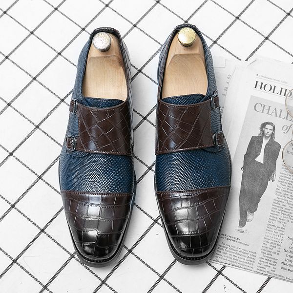 

monk shoes men shoes classic crocodile pattern pu stitching double buckle fashion business casual party daily ad056, Black