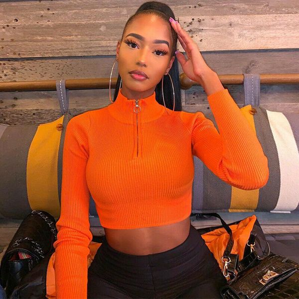 

women's t-shirt fashion women's zipper ladies cropped navel shirts casual long sleeve blouse bright solid color slim sweatshirts, White