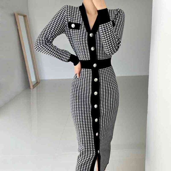 

casual dresses french elegant slim fitting long skirt women's v-neck single breasted sleeve knitted bird check dress in autumn 9skv, Black;gray