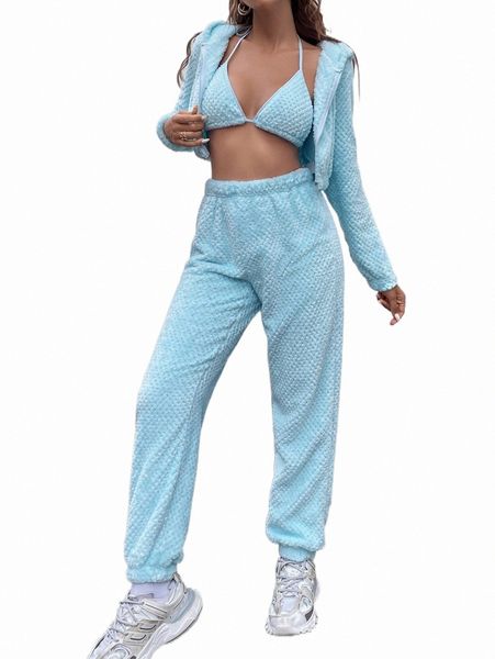 

two piece dress flannel zip up crop hooded jacket & pants & halter z4zt#, White