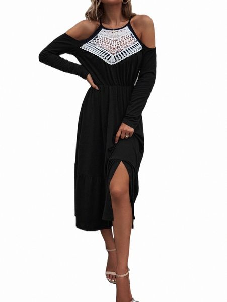 

casual dresses guipure lace insert cold shoulder dress 31pf#, Black;gray