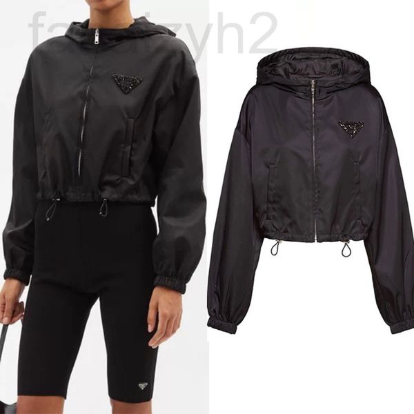 

women's jackets designer house 22 autumn recycled nylon sports and leisure drawstring jacket short triangle nail bead hooded jacket wom, Black;brown