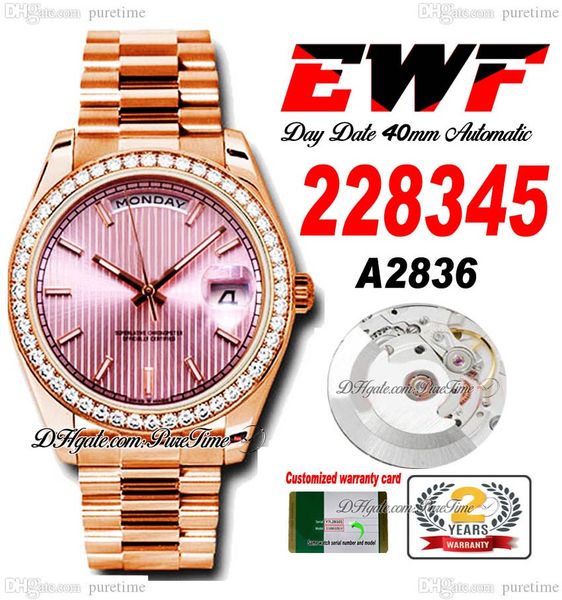 

ewf day date 228345 a2836 automatic mens watch 40 rose gold diamonds bezel pink textured stick dial presidential bracelet same serial card s, Slivery;brown