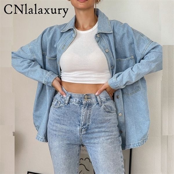 

womens jackets cnlalaxury spring denim shirt coat women long sleeve pocket cardigan streetwear bf jean jacket harajuku cowboy outwear 22083, Black;brown