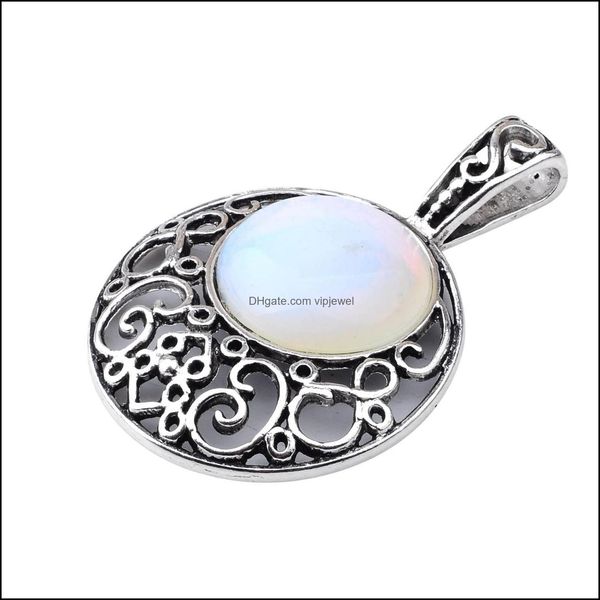 

lockets semi precious stone opal opalite pendants 40mm plated sier alloy 20mm cabochon crystal women necklace jewelry 60cm chain dr dhon3, Silver