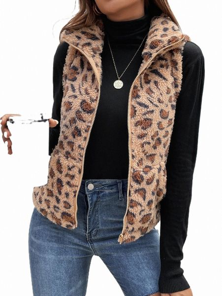 

women's jackets leopard pattern zipper teddy vest jacket l6gg#, Black;brown