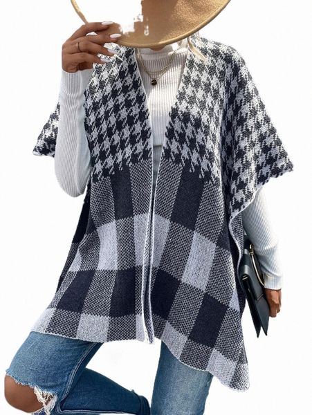 

women's sweaters houndstooth & buffalo plaid pattern batwing sleeve duster cardigan d3i5#, White;black