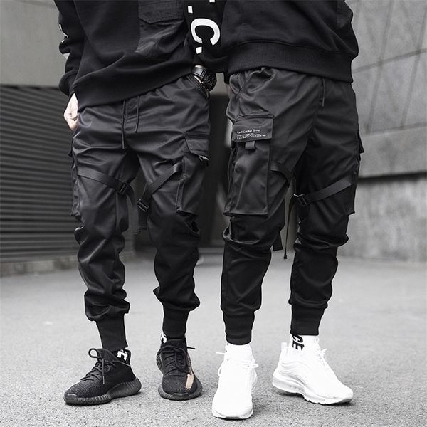 

mens pants men cargo black ribbons block multipocket harem joggers harajuku sweatpant hip hop casual male trousers 220831