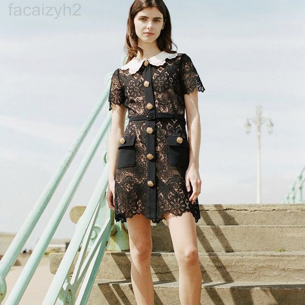 

casual dresses designer 2022 summer new flower lace embroidery hollow out small black skirt doll neck short sleeve slim fit jumpsuit female, Black;gray