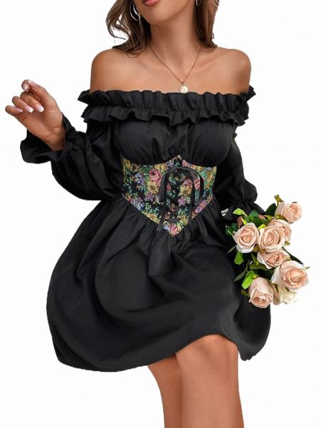 

casual dresses floral print off shoulder frill trim dress z5su#, Black;gray