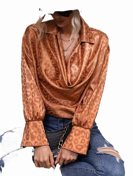 

women's blouses & shirts leopard jacquard draped satin shirt l053#, White