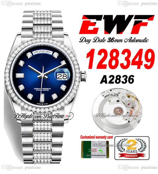 

ewf day date 128349 a2836 automatic watch mens ladies blue dial diamonds case and presidential bracelet same serial card super edition puret, Slivery;brown