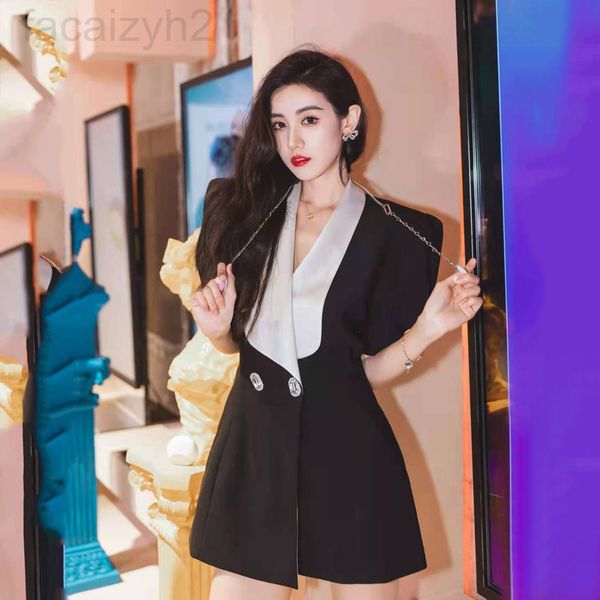 

casual dresses designer nj french waist bow satin stitching lapel bubble sleeve temperament closing suit short skirt women blbz, Black;gray