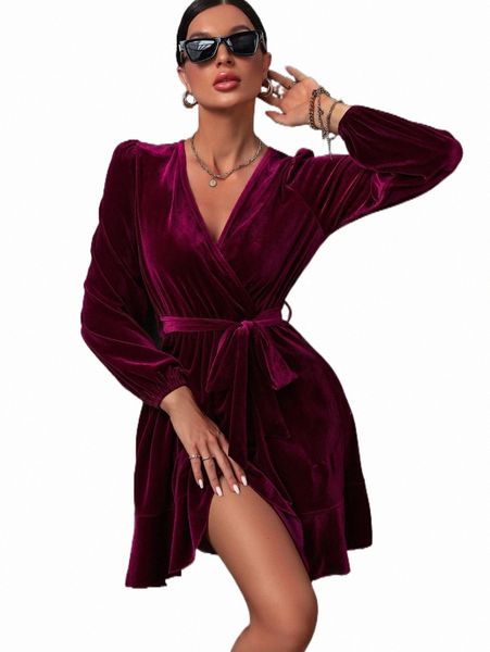 

casual dresses surplice neck lantern sleeve belted velvet dress p7vk#, Black;gray