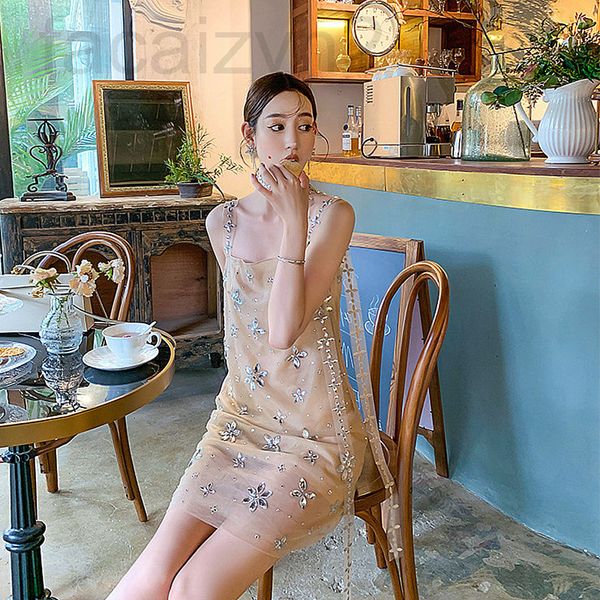 

casual dresses designer 2022 summer new chen starlight rhinestone nude yarn flower streamer sling skirt celebrities light luxury slim dress, Black;gray